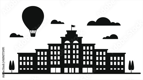 Black silhouette of grand hotel with hot air balloons floating above amid clouds, travel and leisure concept, luxury accommodation exterior vector illustration for tourism, vacation, hospitality guide