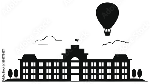 Elegant Minimalist Hotel Silhouette with Hot Air Balloon & Clouds. Flat Design Illustration for Travel, Hospitality, Dream Vacation, and Sky Adventure Concepts.