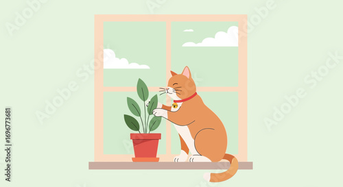 Friendly Feline Observing Plant Life Beside Window, Showing Care and Curiosity