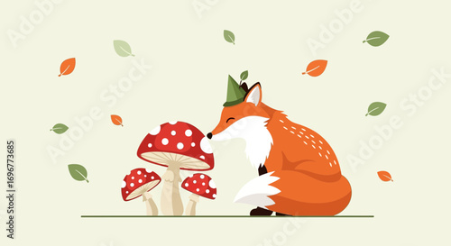 Friendly Fox Adorably Nuzzling a Spotted Mushroom With Green Leafy Hat and Autumnal Leaves
