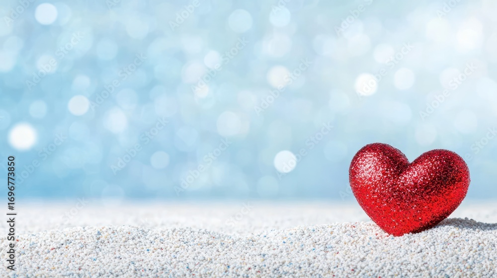Fototapeta premium Red glitter heart on sand with blue bokeh background