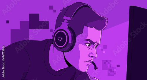 Intense Focus Gamer Wearing Headset In Front Of Computer Screen During Gaming Session