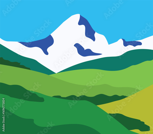 Flat natural illustration with mountains,forests,field and sky