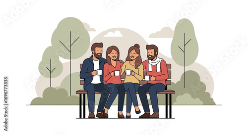 Friends Sharing Coffee On A Park Bench Demonstrating Joyful Connection and Camaraderie