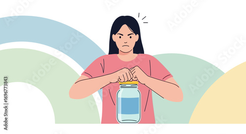Frustrated Woman Struggles to Open a Jar, Depicting a Common Daily Challenge