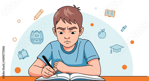 Frustrated Young Student Diligently Working On Homework With Educational Elements Above