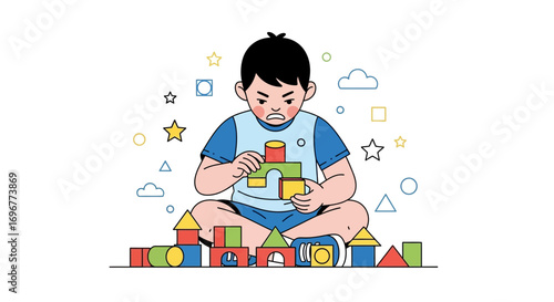 Frustrated Youngster Working On Colorful Blocks Creating A Playful And Engaging Composition