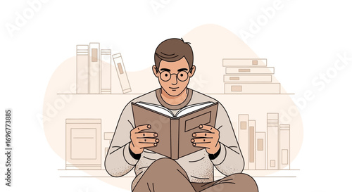 Introspective Reader Immersed In A Book Surrounded By Organized Rows Of Literature