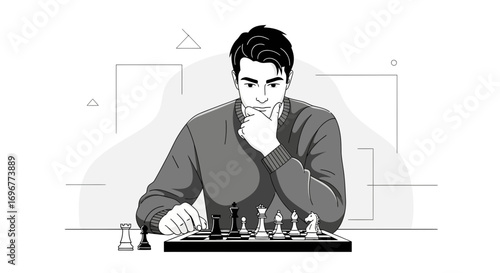 Intense Strategic Game: Man Contemplating Chess Moves, A Mental Acuity Demonstration