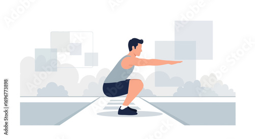 Isometric Illustration Of A Man Performing Bodyweight Squats Outdoors For Fitness Goals and Strength