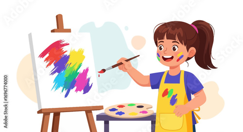 Joyful Artist Painting Colorful Strokes On Canvas, Creating Artistic Masterpiece Illustration