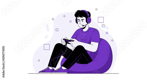 Gamer Relaxing And Playing Intense Video Games Comfortably on a Beanbag Chair Illustration