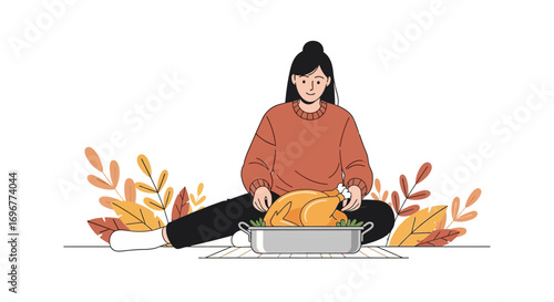 Joyful Autumn Culinary Illustration: A Woman Prepares A Roasted Turkey For a Festive Gathering