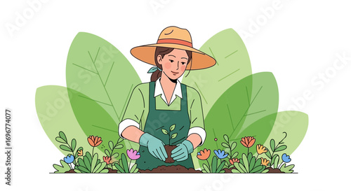 Gardener Attending a Young Plant Surrounded by Flowers in Vibrant Illustration