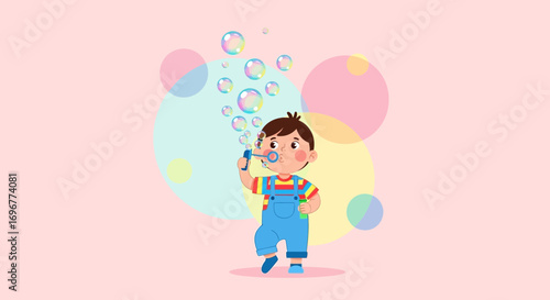 Joyful Boy Blowing Soap Bubbles Amidst Colorful Graphic Orbs on A Light Pink Background