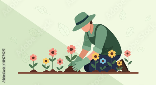 Gardener Cultivating Blossoming Flowers In A Serene Springtime Garden, Blossoms abound