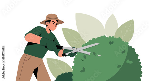 Gardener Carefully Pruning The Green Shrubbery With Large Shears In Sunny Garden