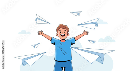 Joyful Boy Releasing Paper Airplanes Celebrating Freedom and Adventure on a Serene Day