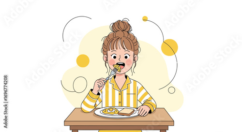Joyful Breakfast: Woman Relishing Her Meal At The Table, Eating Eggs Delightedly