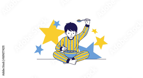 Joyful Boy Relishes Breakfast, Surrounded By Stars, In Comfortable Striped Pajamas