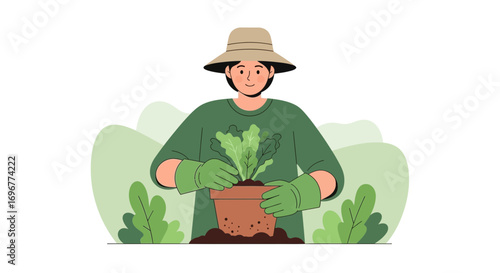 Gardener Planting Lettuce Seedlings in a Clay Pot in the Garden with Gloves