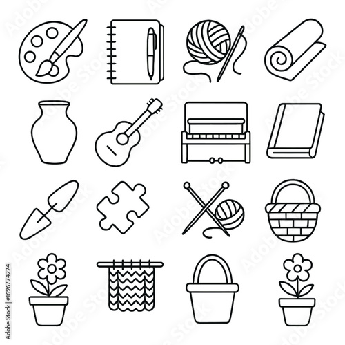Artistic and crafty icons collection featuring tools and hobbies