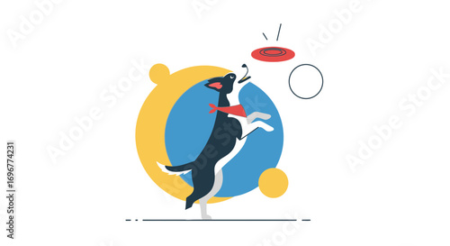 Joyful Canine Plays Fetch with Disc in Playful Illustration with Geometric Aesthetics