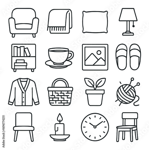 Cozy home decor icons: chair, blanket, cushion, lamp, bookshelf, cup, picture, slippers, cardigan, basket, plant, yarn, candle, clock
