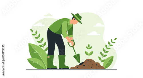 Gardener Planting Seedlings In A Beautiful Garden With Nature Elements Illustrative
