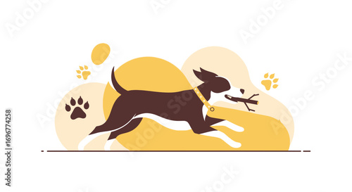 Joyful Canine Sprinting With A Branch Against Abstract Background Design