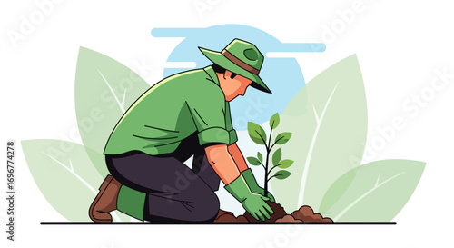 Gardener Planting Young Seedling In Earth, Nurturing New Growth And Protecting Nature