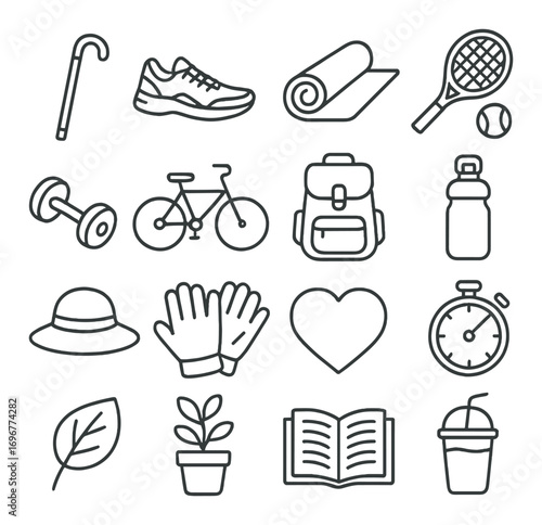 Recreational and fitness icons including sports and outdoors equipment