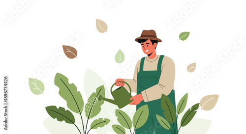 Gardener Watering Plants Cartoon Illustration Depicting Tranquility and Cultivation Habits