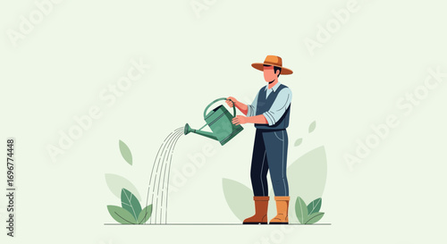 Gardener Watering Plants in a Vivid Illustration, Showing Agriculture and Cultivation