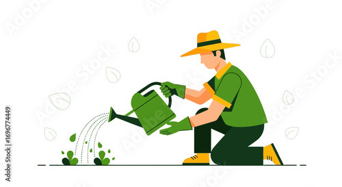 Gardener Watering Saplings In Illustrated Outdoor Setting, Demonstrating Cultivation And Care