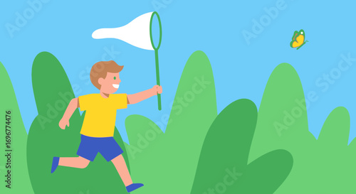 Joyful Child Chasing Fluttering Butterfly In Lush Green Field Under Bright Blue Skies