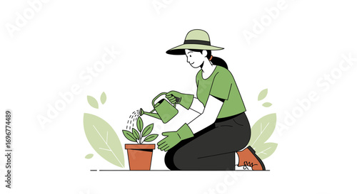 Gardener Watering Young Plant In A Pot, Nurturing And Cultivating Nature's Beauty