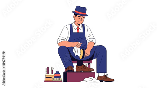 Artisan's Craft: A vintage illustration of a cobbler focused on his work, dedicated to polishing a shoe. The illustration has a charming, timeless quality