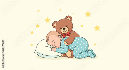 Gentle Dreams: A Cute Baby Sleeping Comfortably Beside A Teddy Bear, A Tender Scene