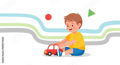 Joyful Child Engaging In Playtime With a Vibrant Toy Car On Clean Background