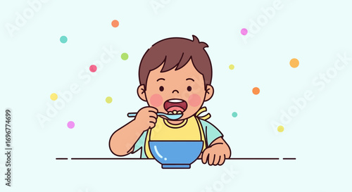Joyful Child Enjoying Breakfast, Eating Cereal with Spoon, Healthy Diet Food