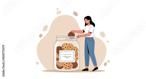Girl Adding Cookie Treats Into Glass Jar, Baking Dessert, Graphic Design Concept