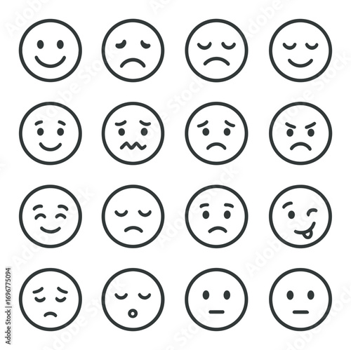 Sixteen circular emoticons displaying various facial expressions on a gray background