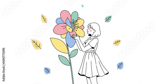 Girl Admiring Blooming, Multicolored Flower in a Simple, Whimsical Digital Illustration
