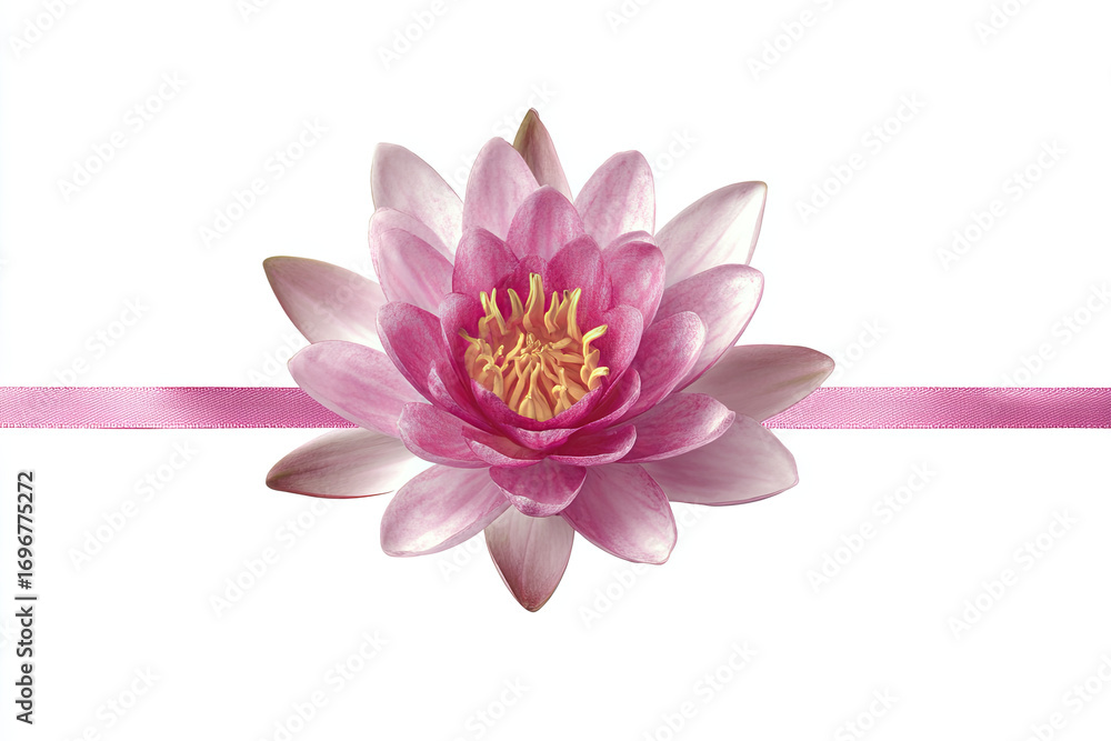 Fototapeta premium Pink water lily adorned with horizontal ribbon, gracefully positioned against pristine white background, presenting minimalist floral elegance