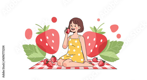 Girl Enjoying Strawberry Delight: A Colorful Illustration of Summer Fun and Deliciousness