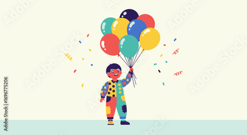 Joyful Child Holding Balloon Bouquet Amidst Festive Confetti Shower Celebration