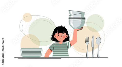 Girl Keeping Plates And Bowls Ready, A Harmonious Composition Of Daily Life
