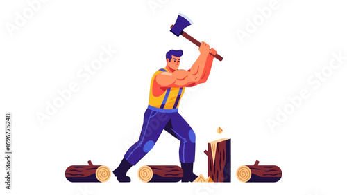 Lumberjack Chopping Wood: A strong and muscular lumberjack swings an ax with precision to chop logs, with the force and dedication. 