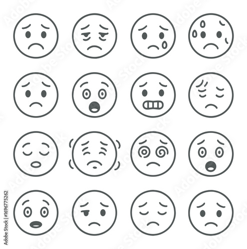 Multiple expressions of sadness illustrated on sixteen emoticons